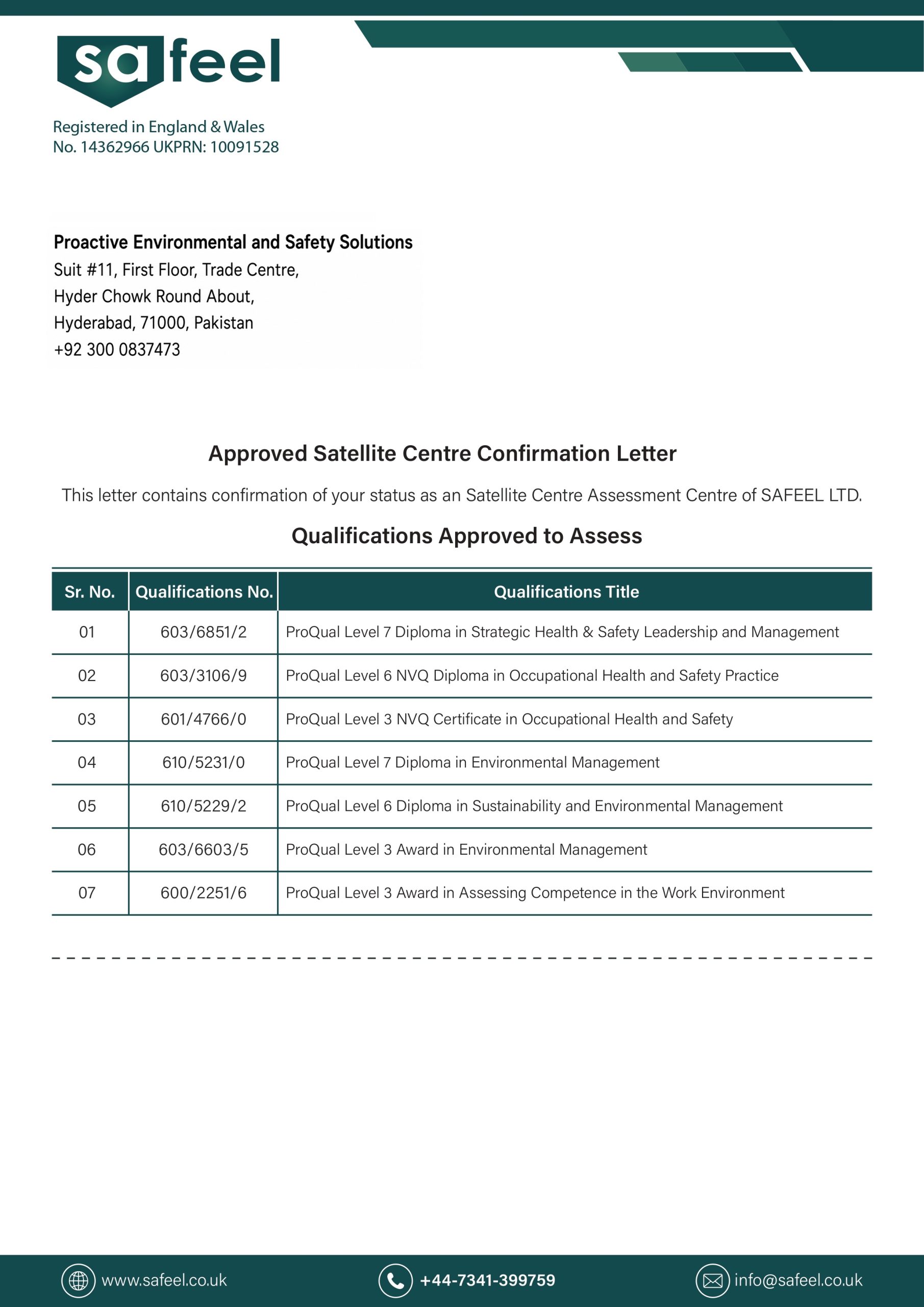 IOSH In Hyderabad PESS approved satellite centre confirmation letter from SAFEEL