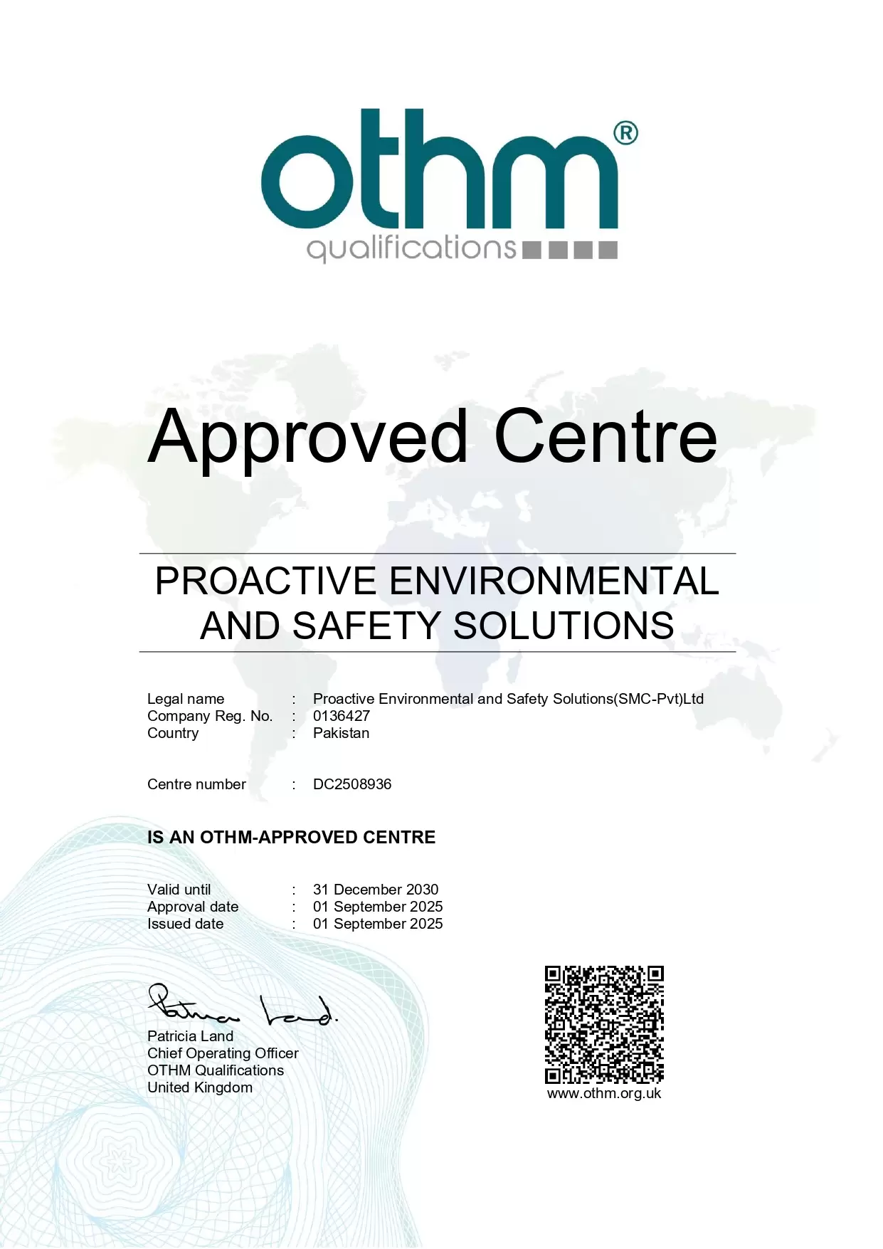 PESS OTHM approved centre certificate DC2508936