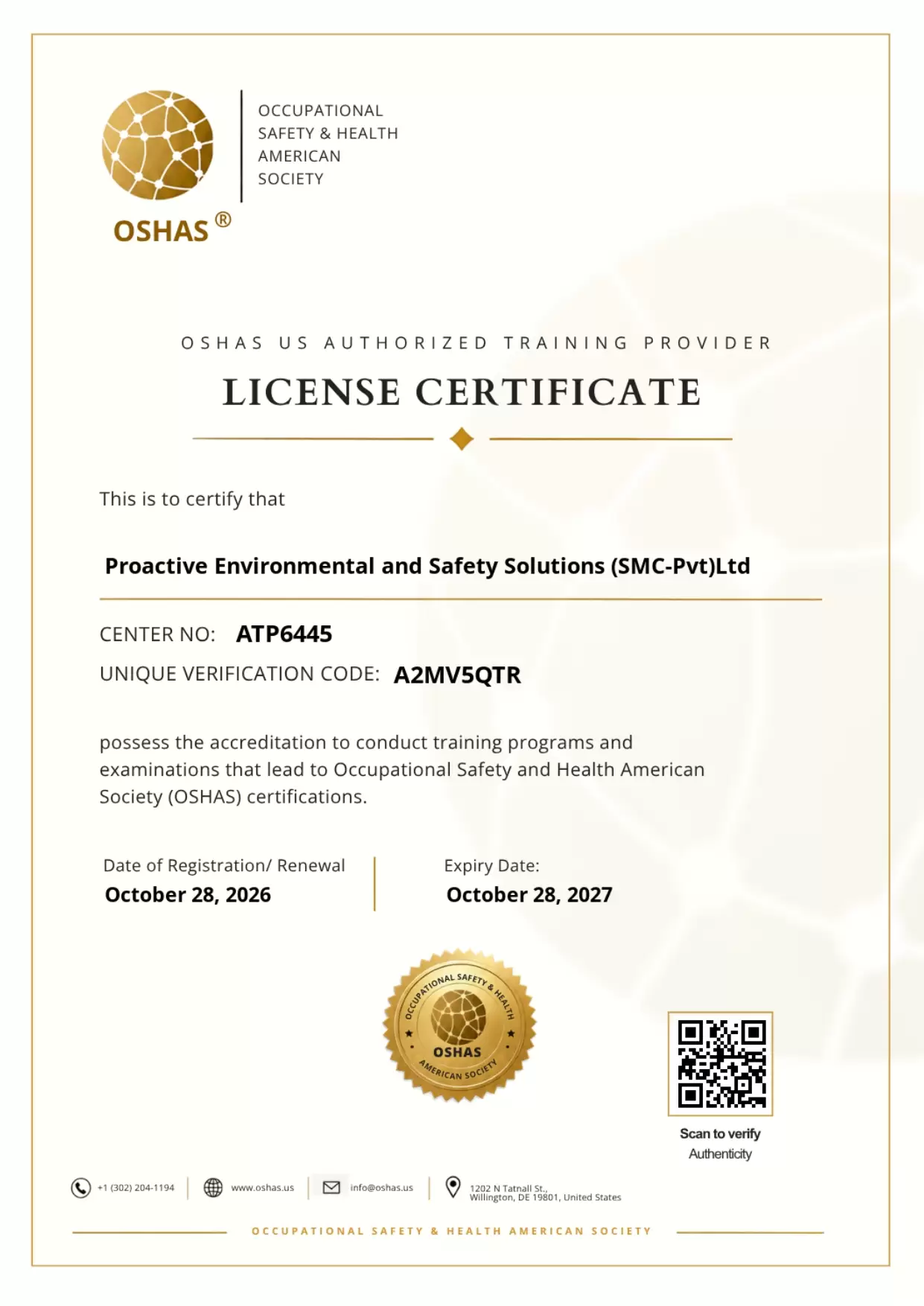 OSHAS US Authorized Training Provider License Certificate for PESS Centre ATP6445